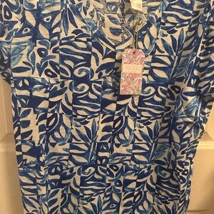 Blue and White Patterned V-Neck Shirt